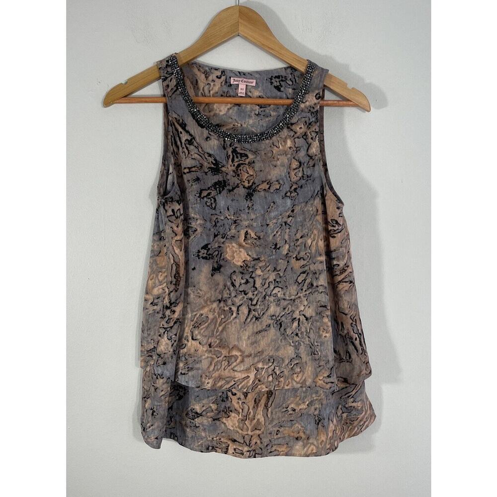 JUICY COUTURE Overlay Tank Top Womens Size XS Tan Gray Abstract Print Sleeveless